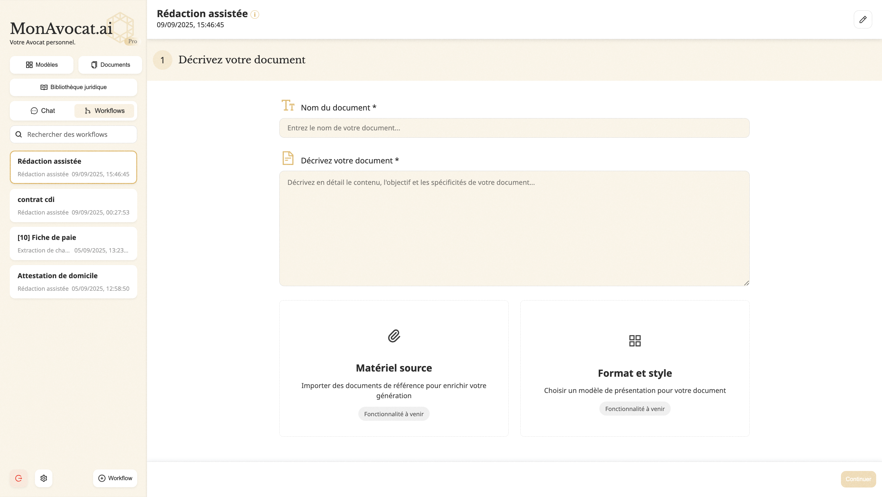 Interface de génération de documents avec formulaire d'entrée et aperçu